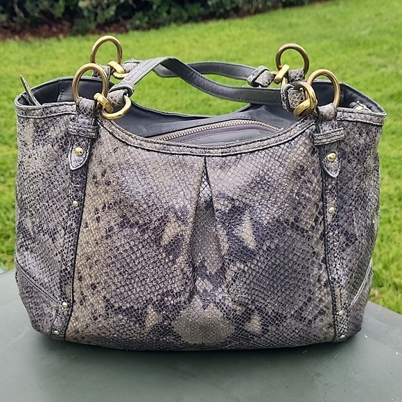 Coach Handbags - Coach Light Grey/Beige Python Embossed Leather Shoulder Tote Bag